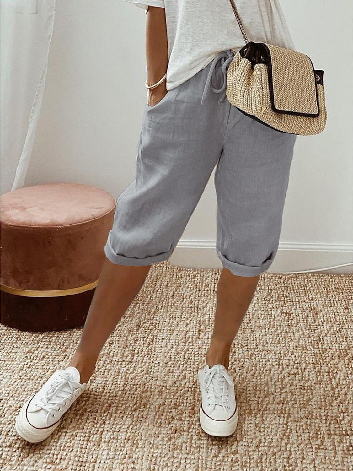 Holly linen capri in Light Grey