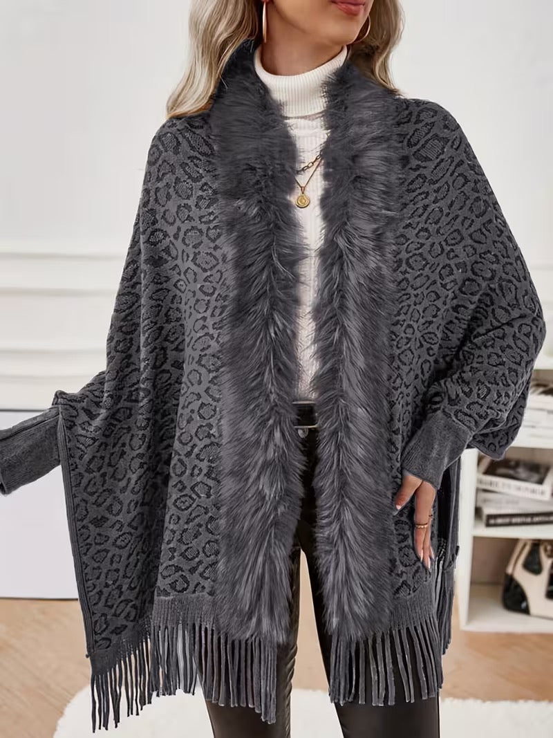 Whetu | Leopard Fur-Trim Tassel Poncho