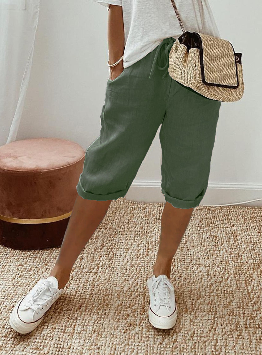 Holly linen capri in Army Green