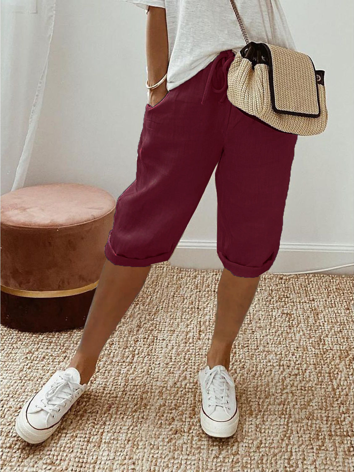 Holly linen capri in Wine Red