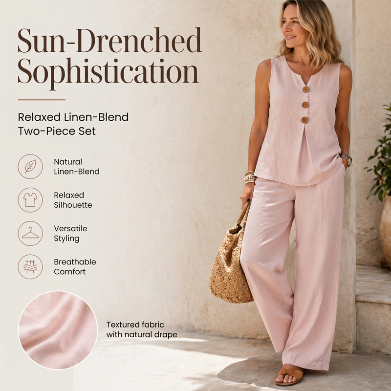 Sarah | Linen-Blend Button Top & Wide-Leg Pants Set