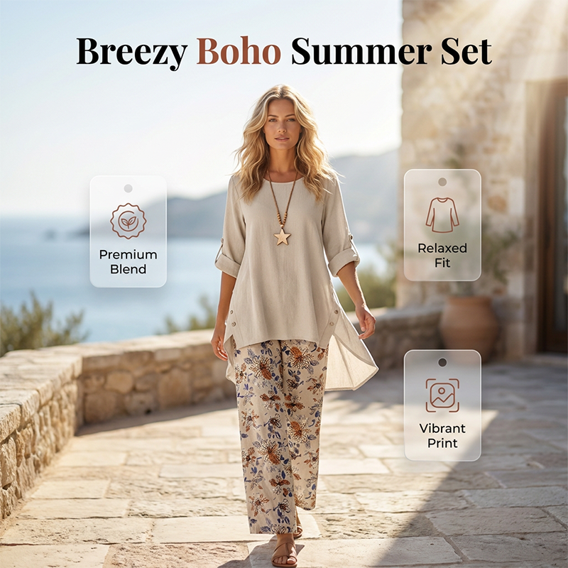 Freya | Boho Cotton-Linen Tunic & Pants Set
