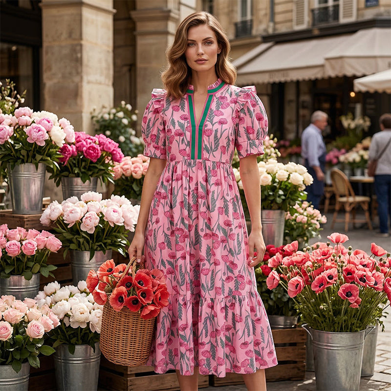 Poppy | Floral Puff-Sleeve Midi Dress