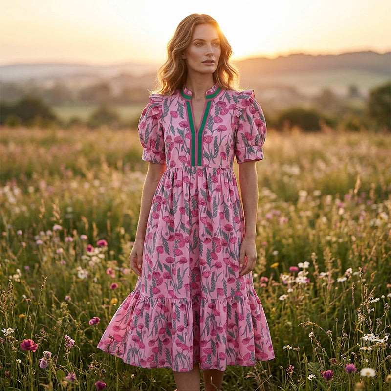 Poppy | Floral Puff-Sleeve Midi Dress