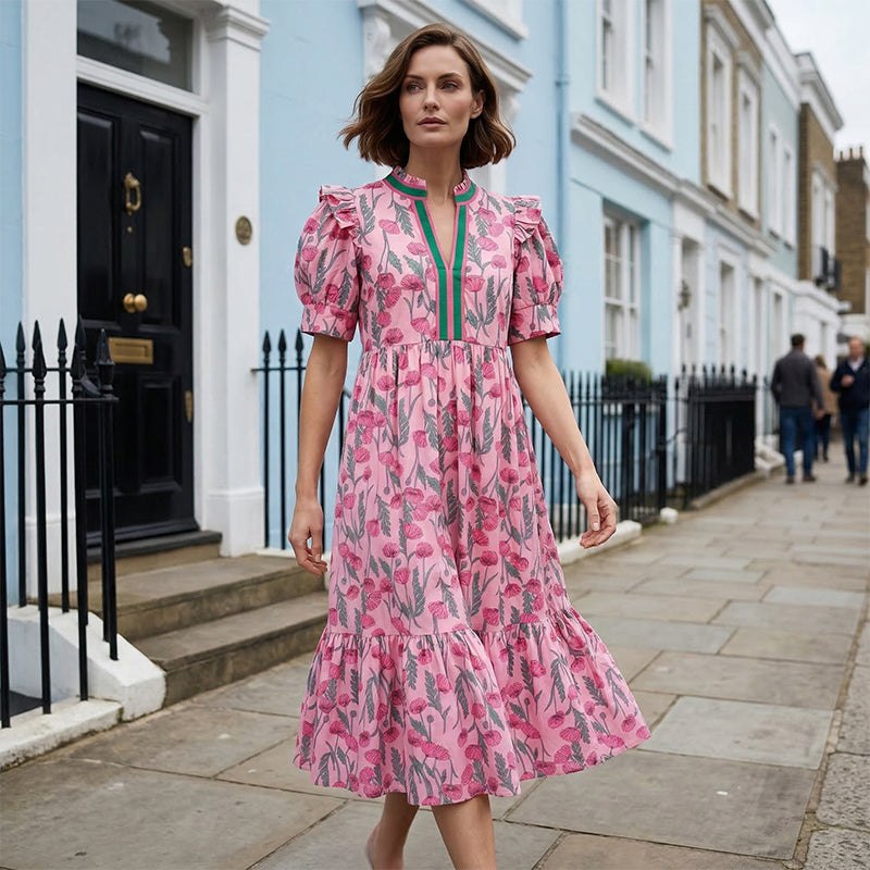 Poppy | Floral Puff-Sleeve Midi Dress