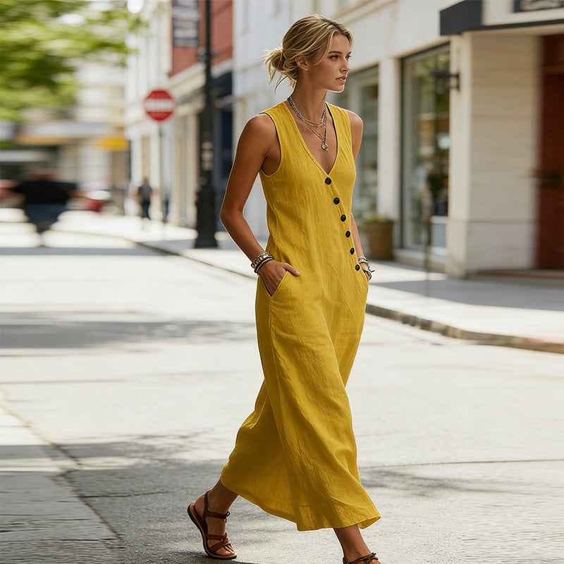 Laura | Button V-Neck Cotton-Linen Maxi Dress