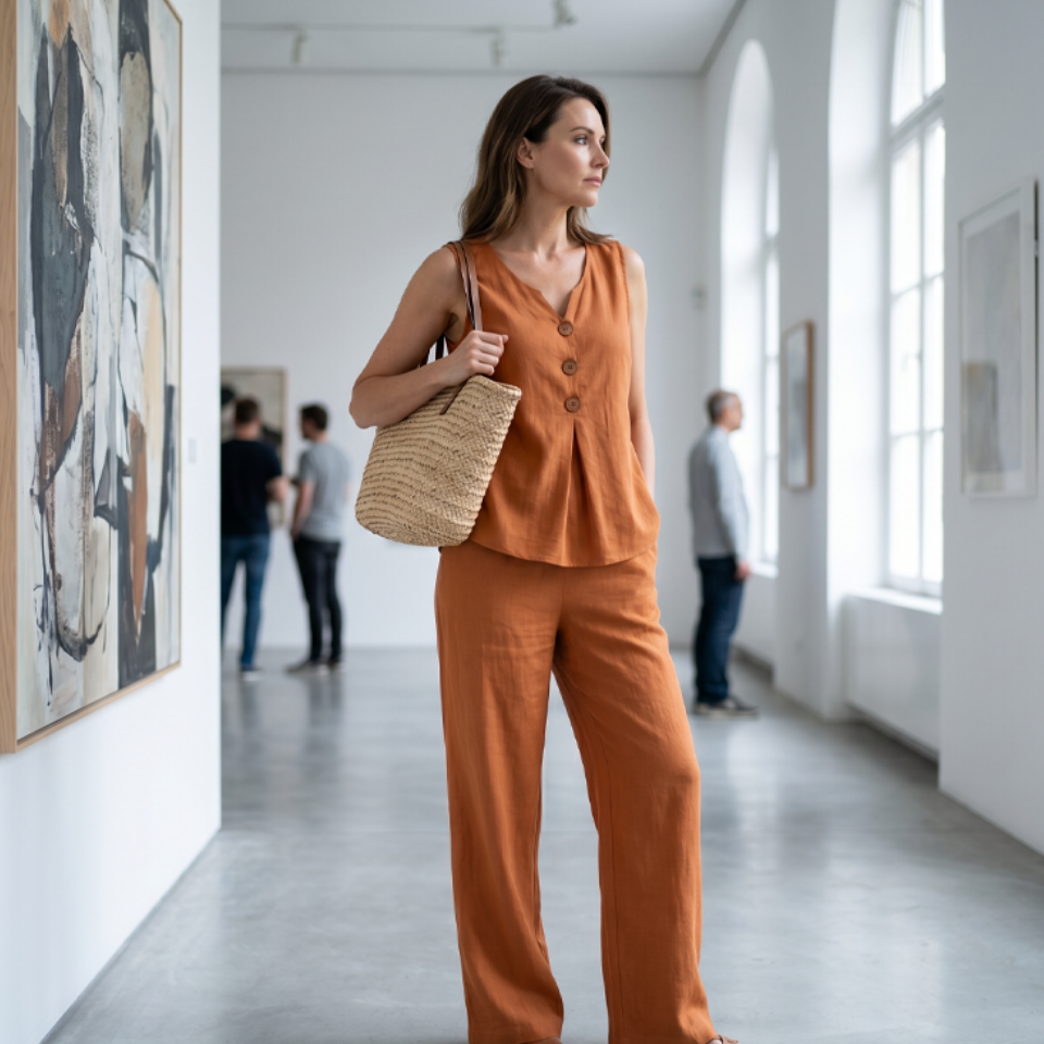 Sarah | Linen-Blend Button Top & Wide-Leg Pants Set
