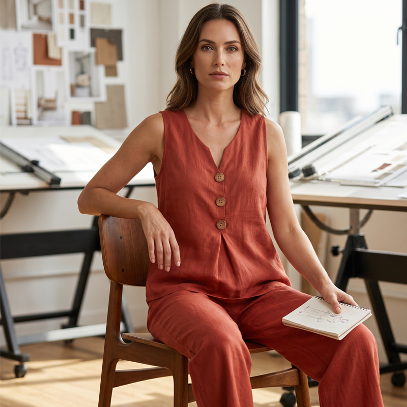 Sarah | Linen-Blend Button Top & Wide-Leg Pants Set