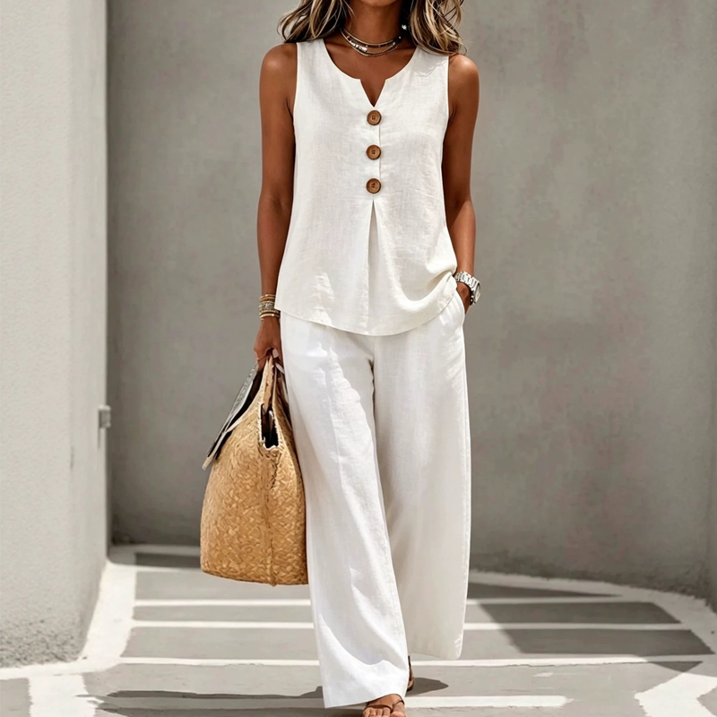 Sarah | Linen-Blend Button Top & Wide-Leg Pants Set