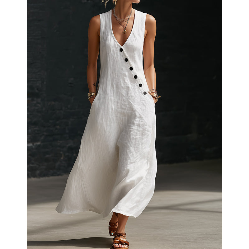 Laura | Button V-Neck Cotton-Linen Maxi Dress
