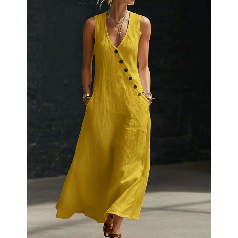 Laura | Button V-Neck Cotton-Linen Maxi Dress