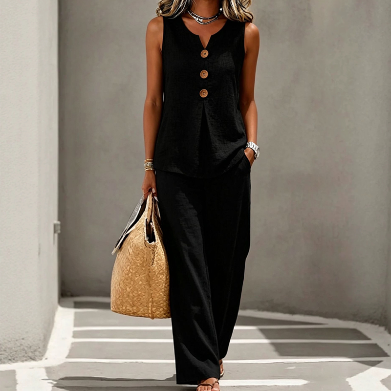 Sarah | Linen-Blend Button Top & Wide-Leg Pants Set