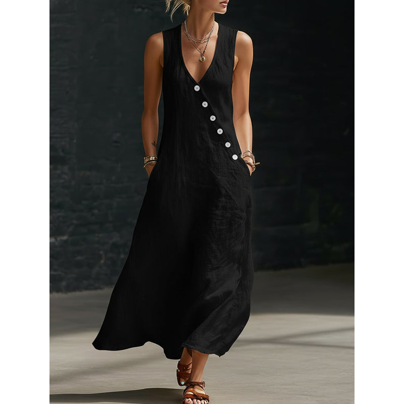 Laura | Button V-Neck Cotton-Linen Maxi Dress