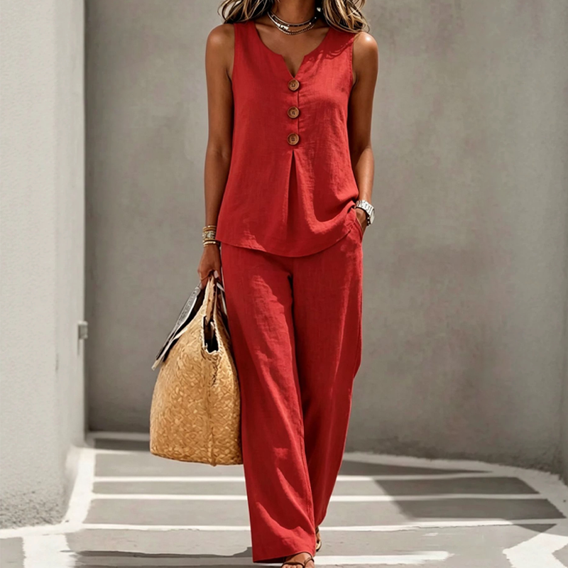 Sarah | Linen-Blend Button Top & Wide-Leg Pants Set