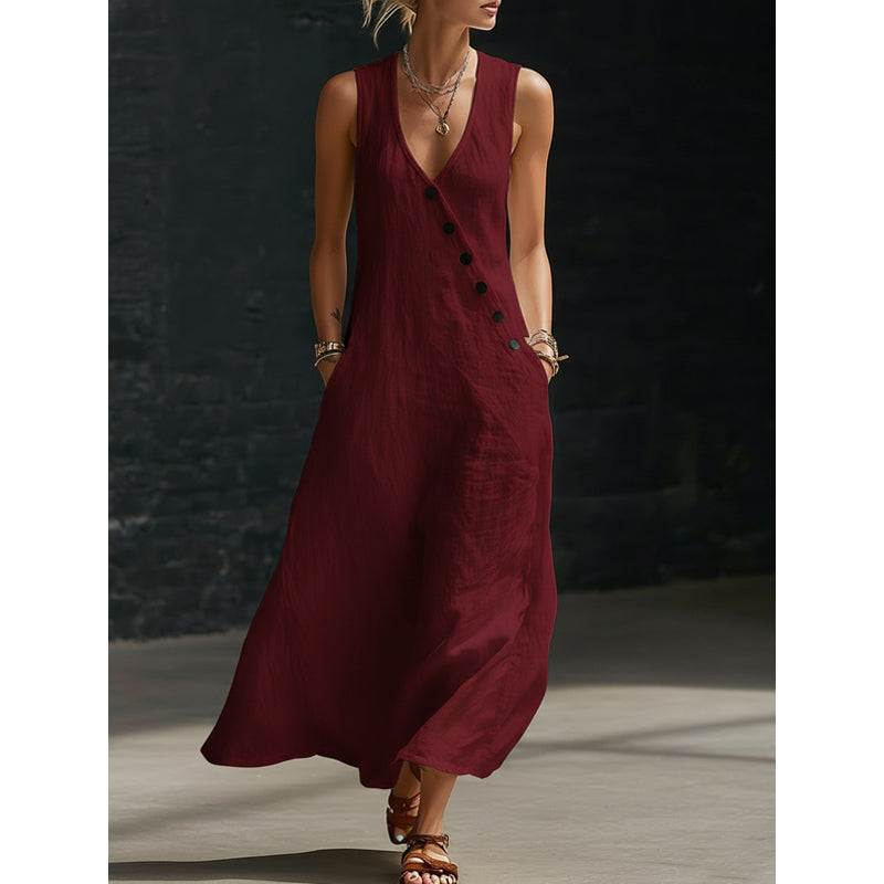 Laura | Button V-Neck Cotton-Linen Maxi Dress