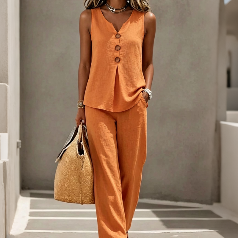 Sarah | Linen-Blend Button Top & Wide-Leg Pants Set