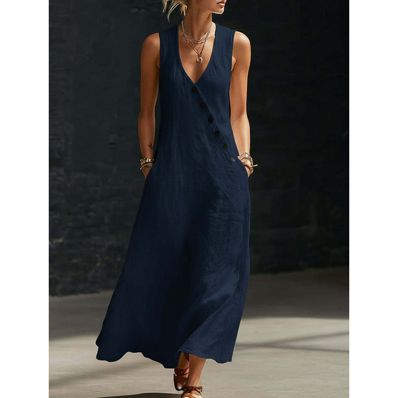 Laura | Button V-Neck Cotton-Linen Maxi Dress