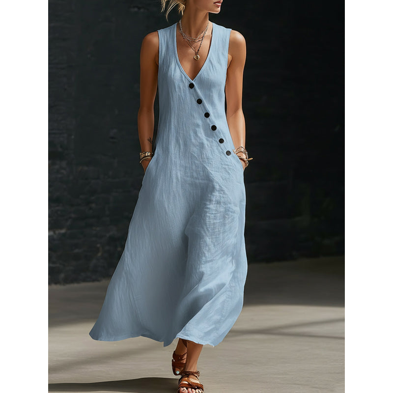 Laura | Button V-Neck Cotton-Linen Maxi Dress