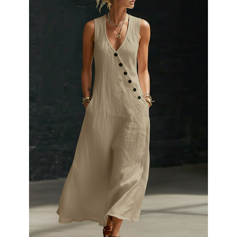 Laura | Button V-Neck Cotton-Linen Maxi Dress