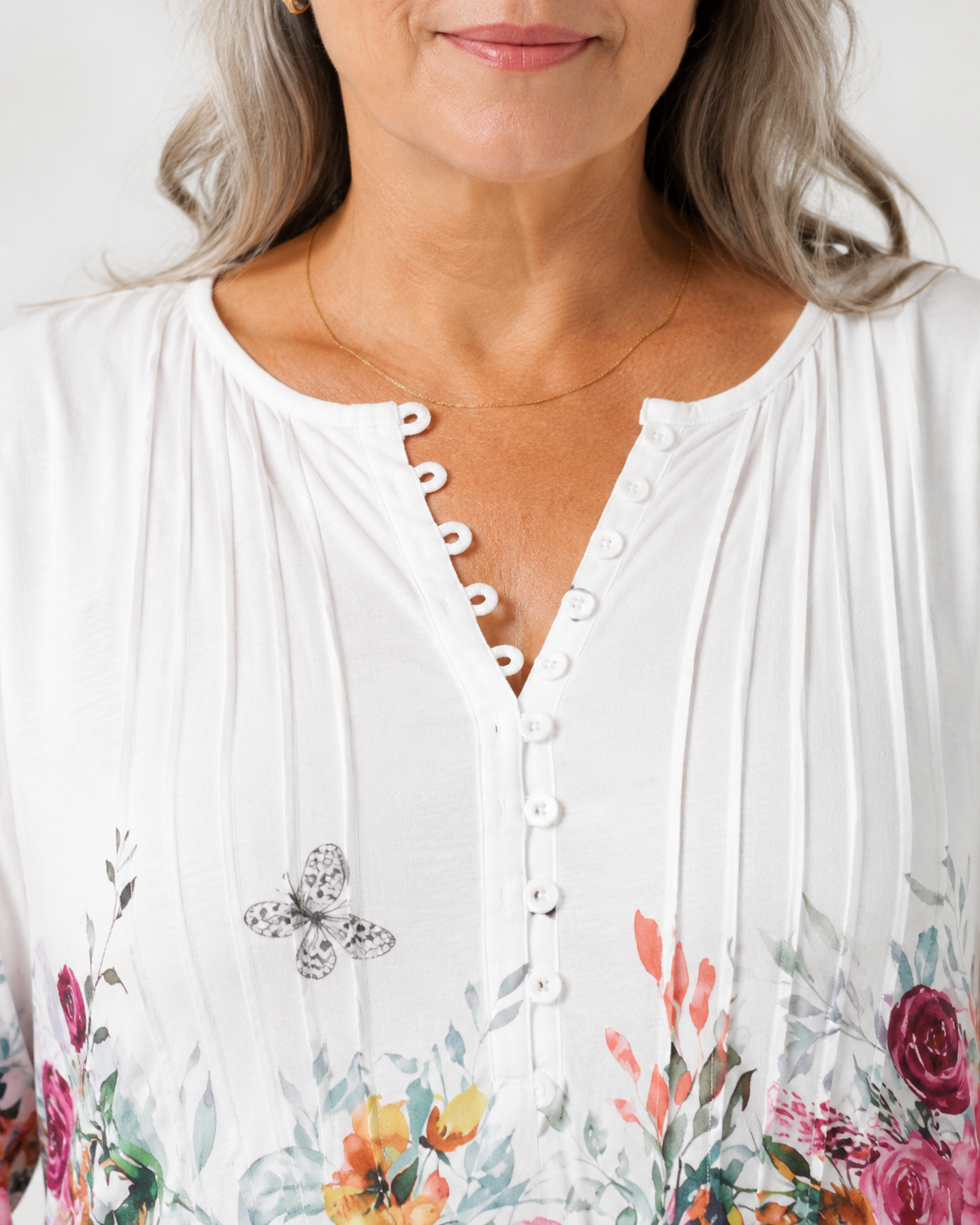 Puawai blouse notched neckline, button placket and pin-tucks
