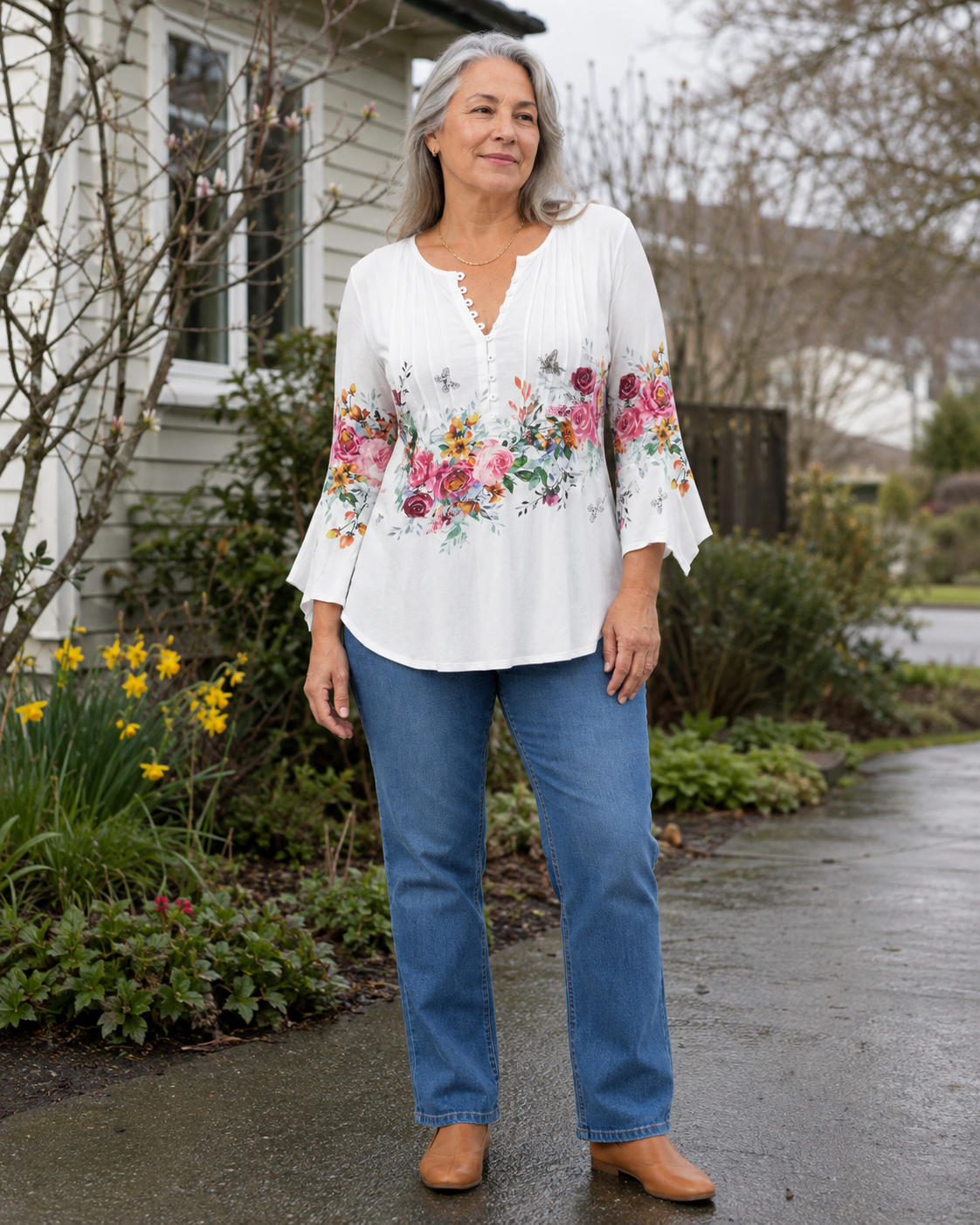 Puawai floral blouse worn outdoors in early spring