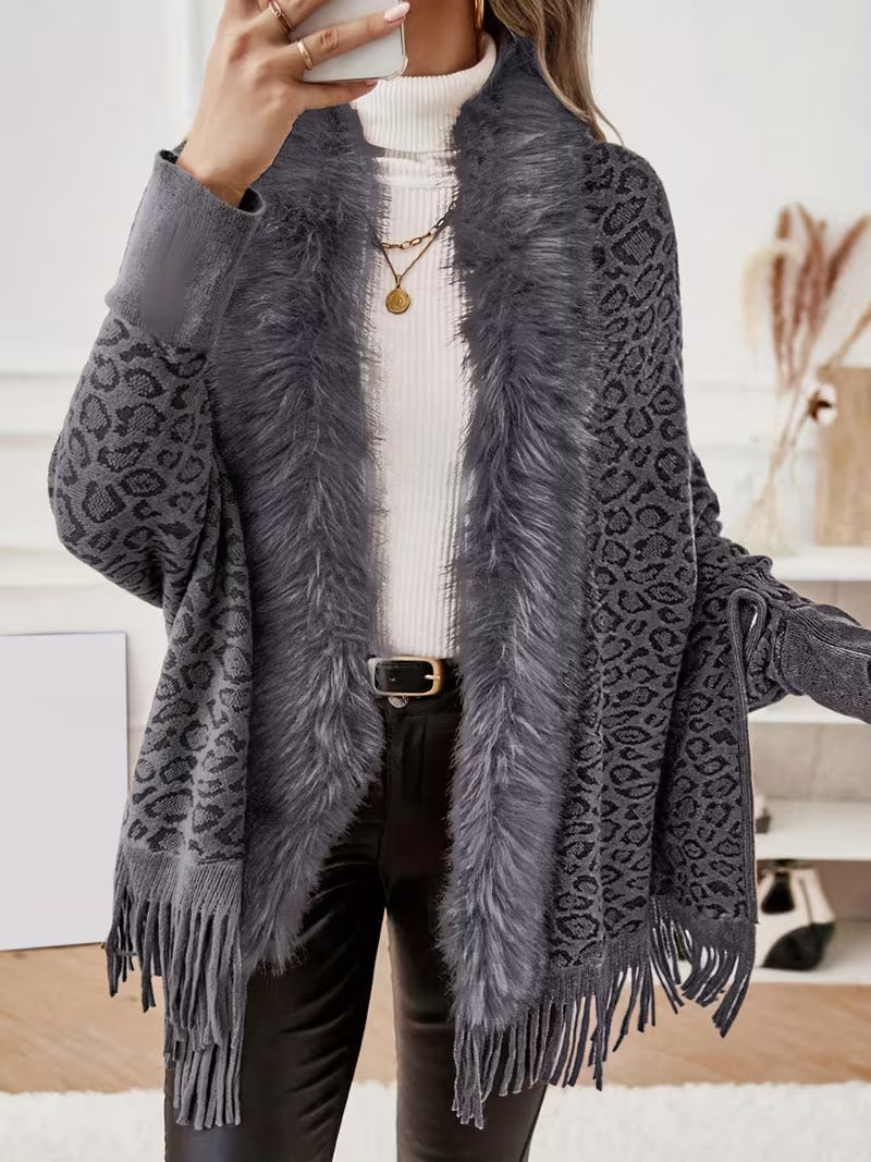Whetu | Leopard Fur-Trim Tassel Poncho