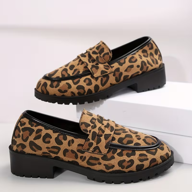 Tui leopard print block heel loafer pair