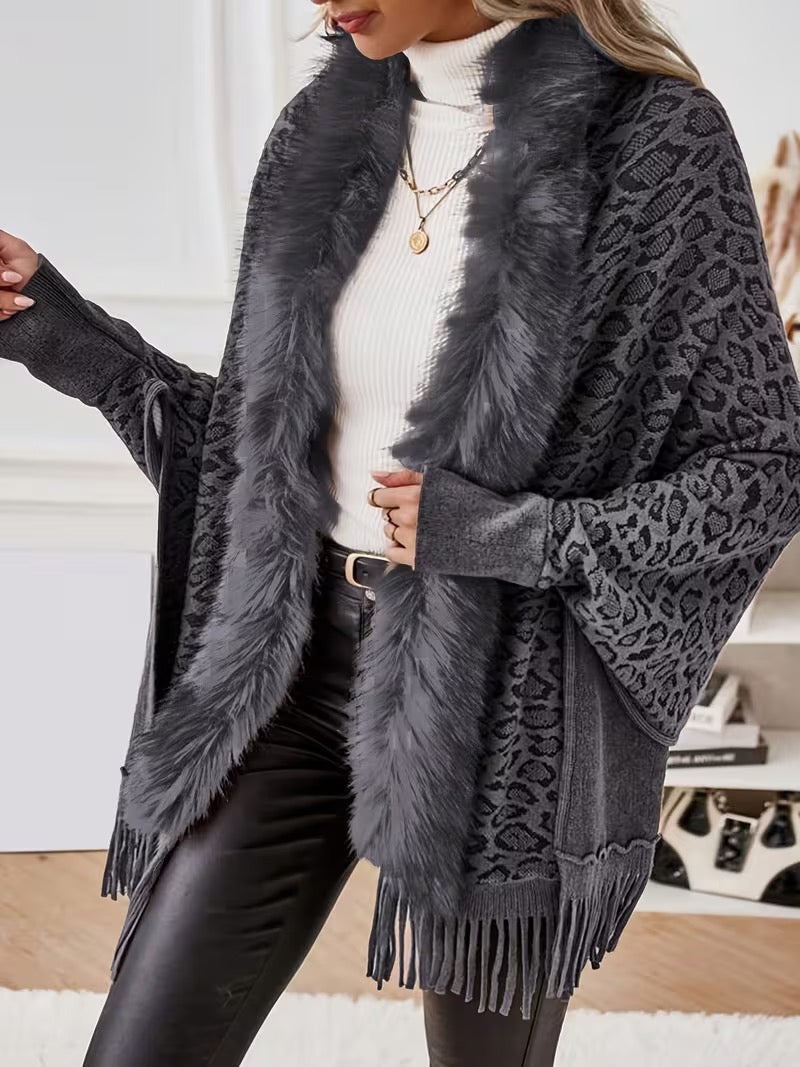 Whetu | Leopard Fur-Trim Tassel Poncho