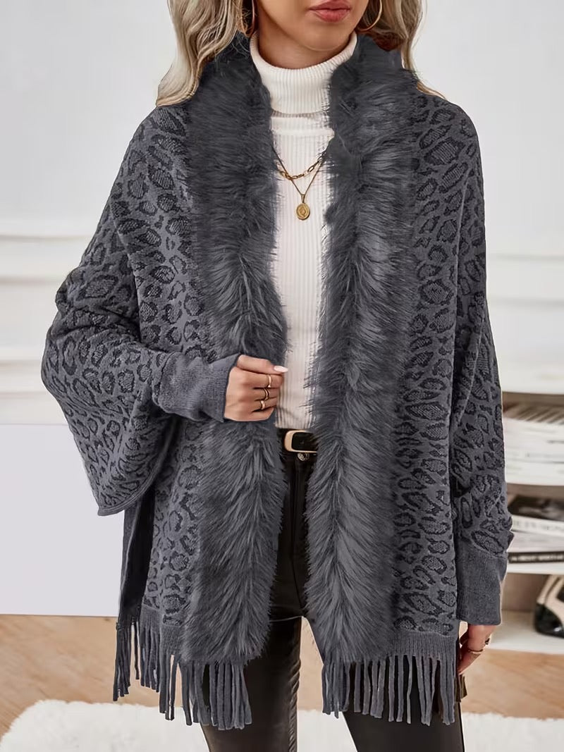 Whetu | Leopard Fur-Trim Tassel Poncho